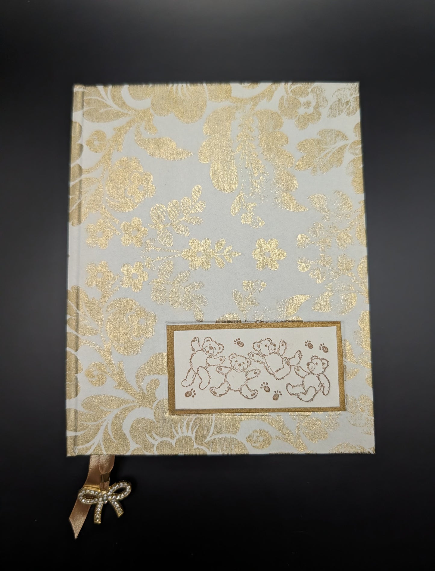 Gold Distressed Flowers with teddy bears print embellishment - Handmade Hardcover Journal