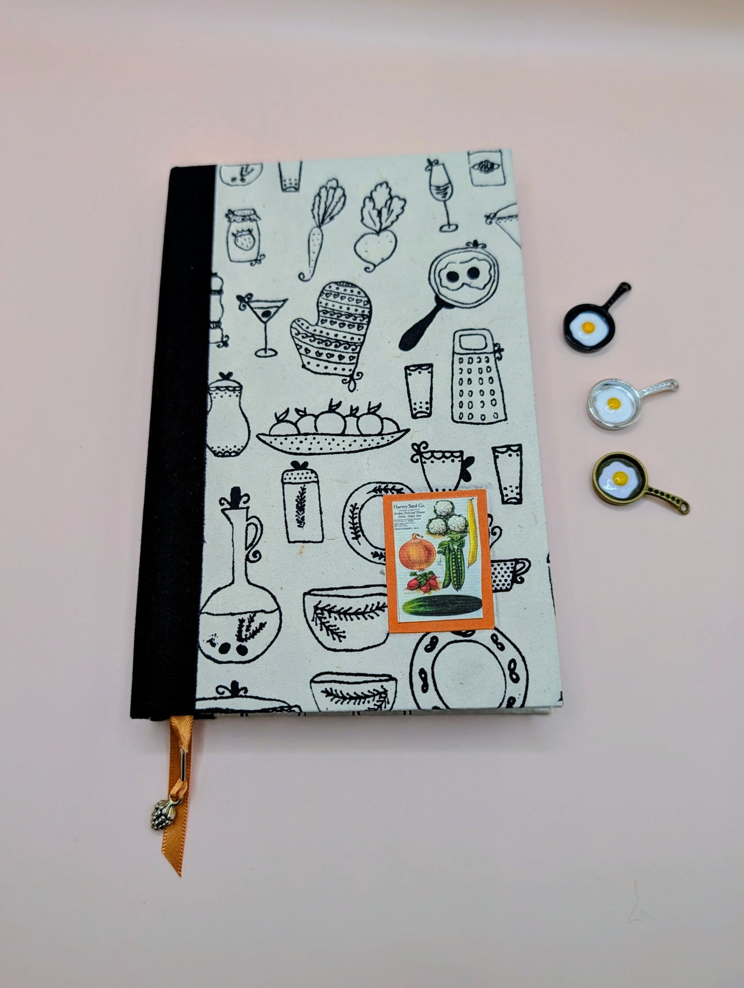 Utensil print with a cute image of veggies on the front cover- Handmade Hardcover Journal