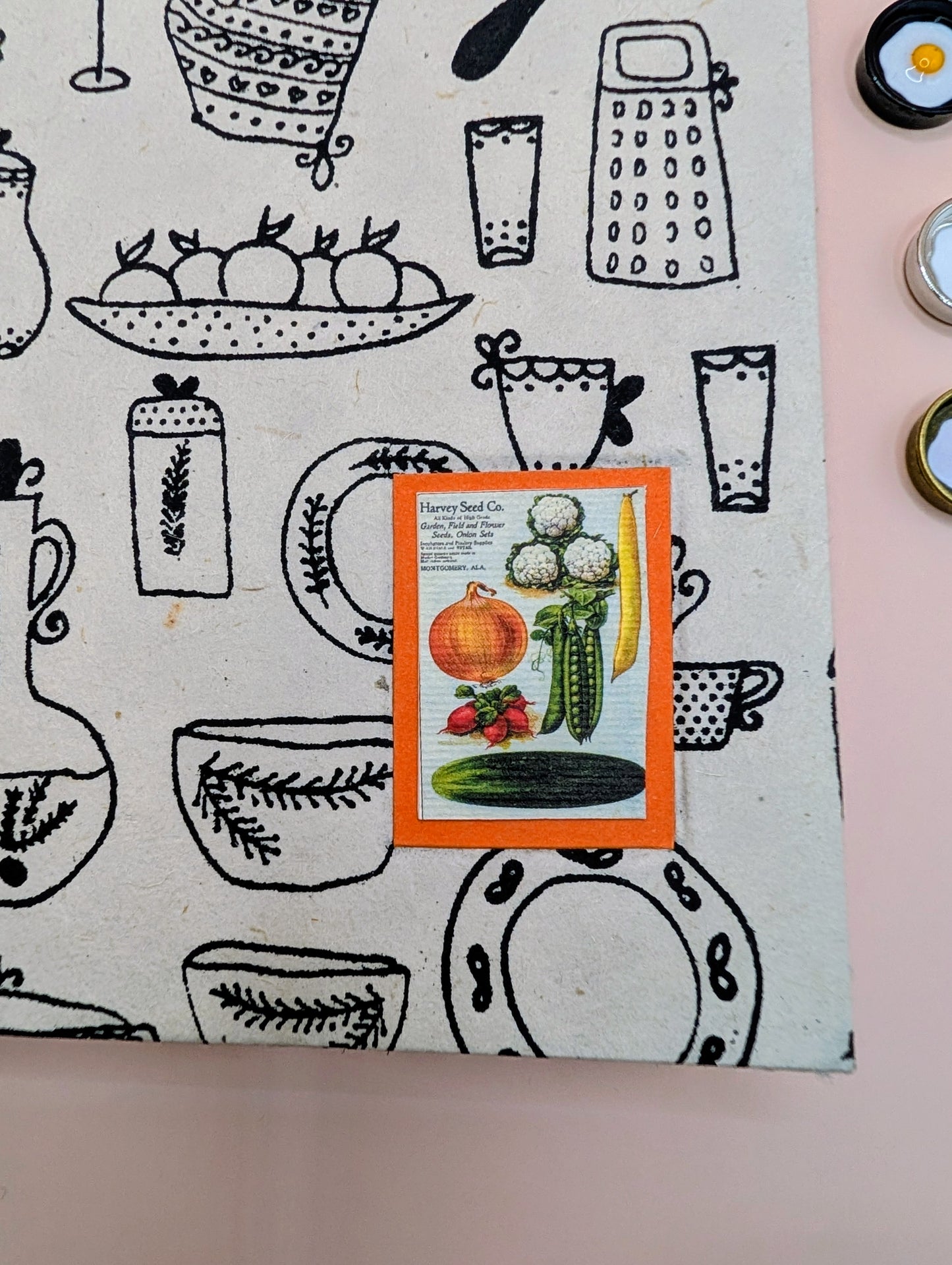 Utensil print with a cute image of veggies on the front cover- Handmade Hardcover Journal