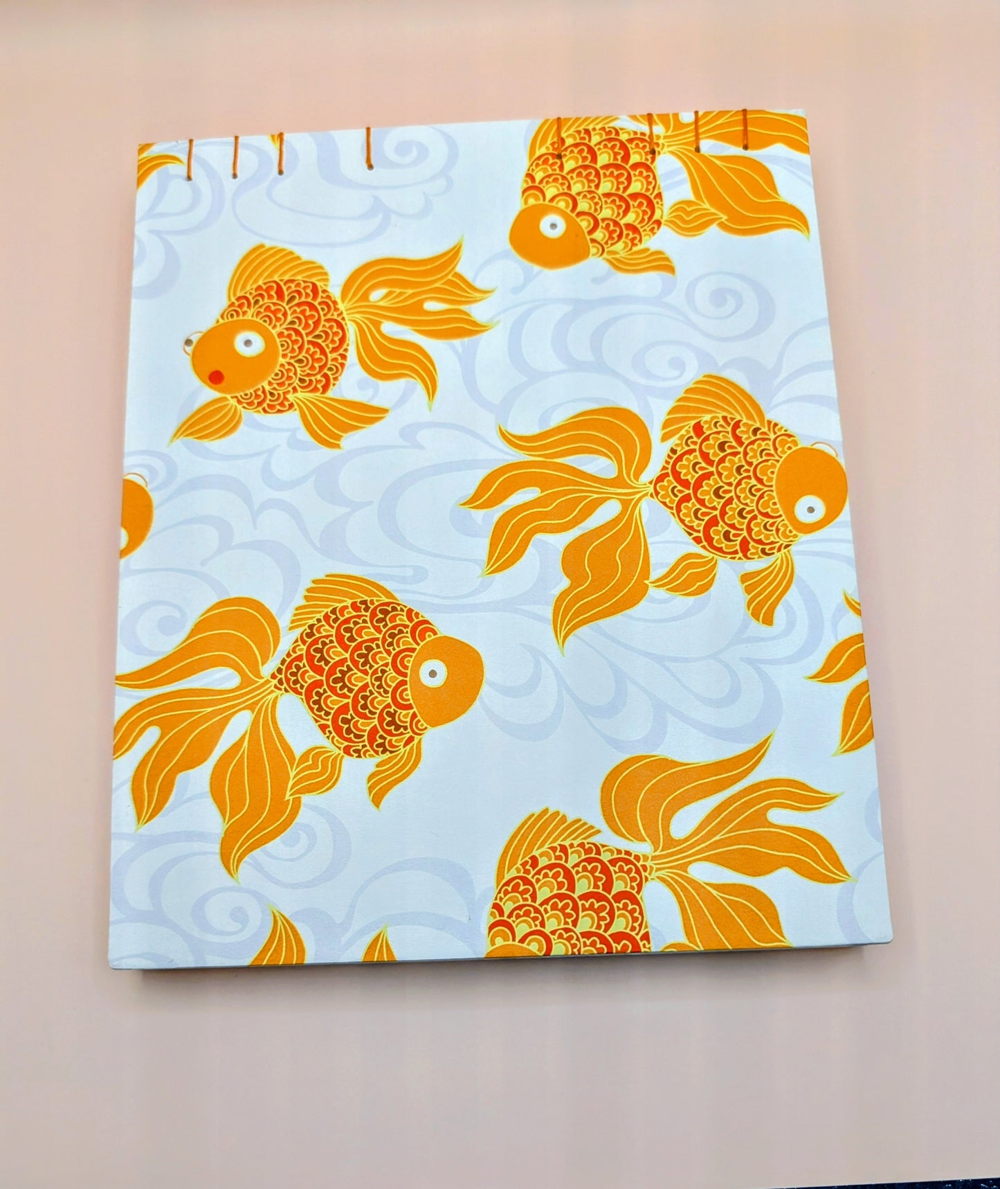 Periwinkle blossoms on orange background - Gold Fish pattern - Coptic Binding Sketch Book