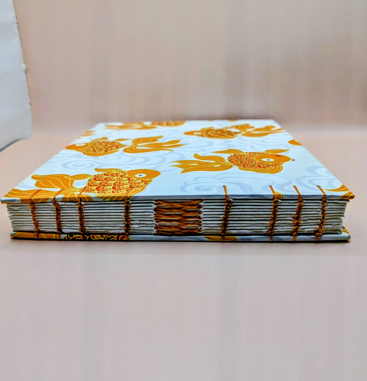 Periwinkle blossoms on orange background - Gold Fish pattern - Coptic Binding Sketch Book