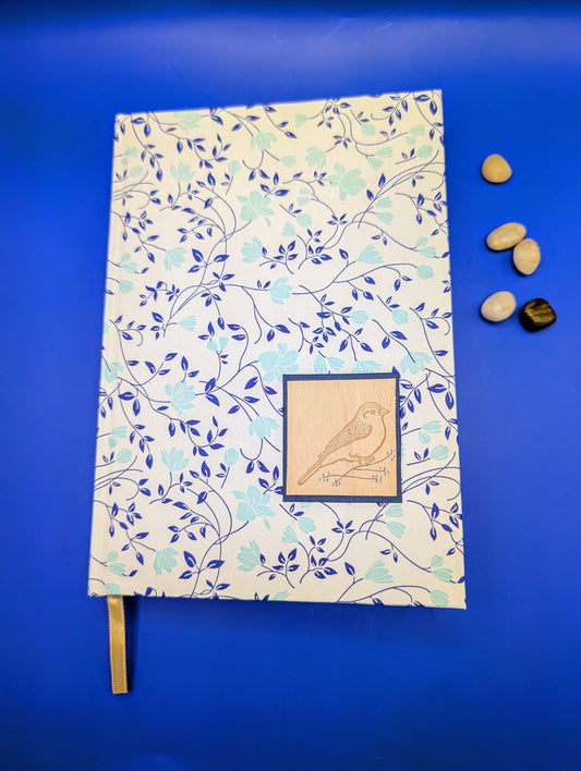Turquoise Flowers and Blue Leaves Pattern - Handmade Hardcover Journal
