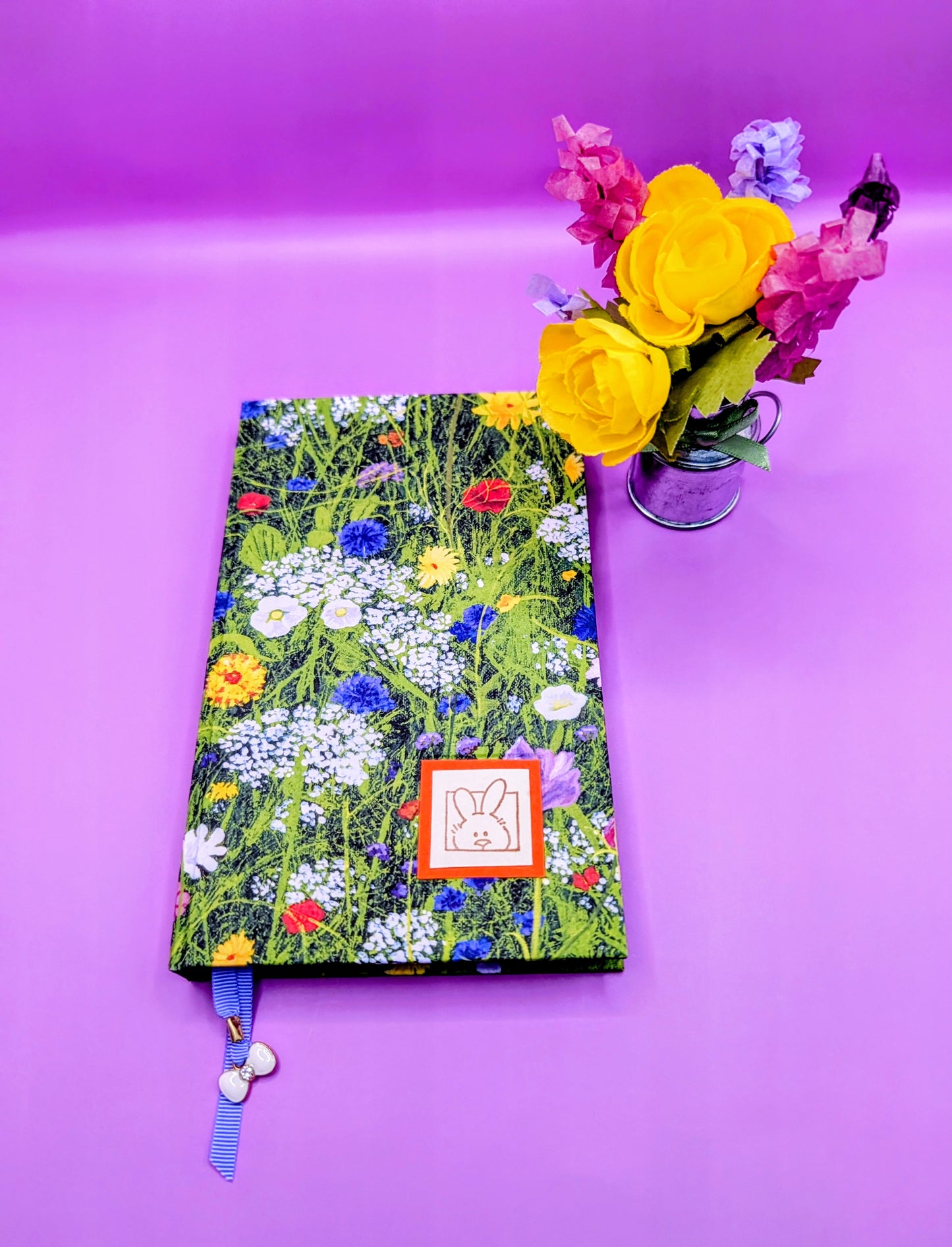 Garden of Flowers pattern with a cute image of a bunny head popping on the front cover- Handmade Hardcover Journal