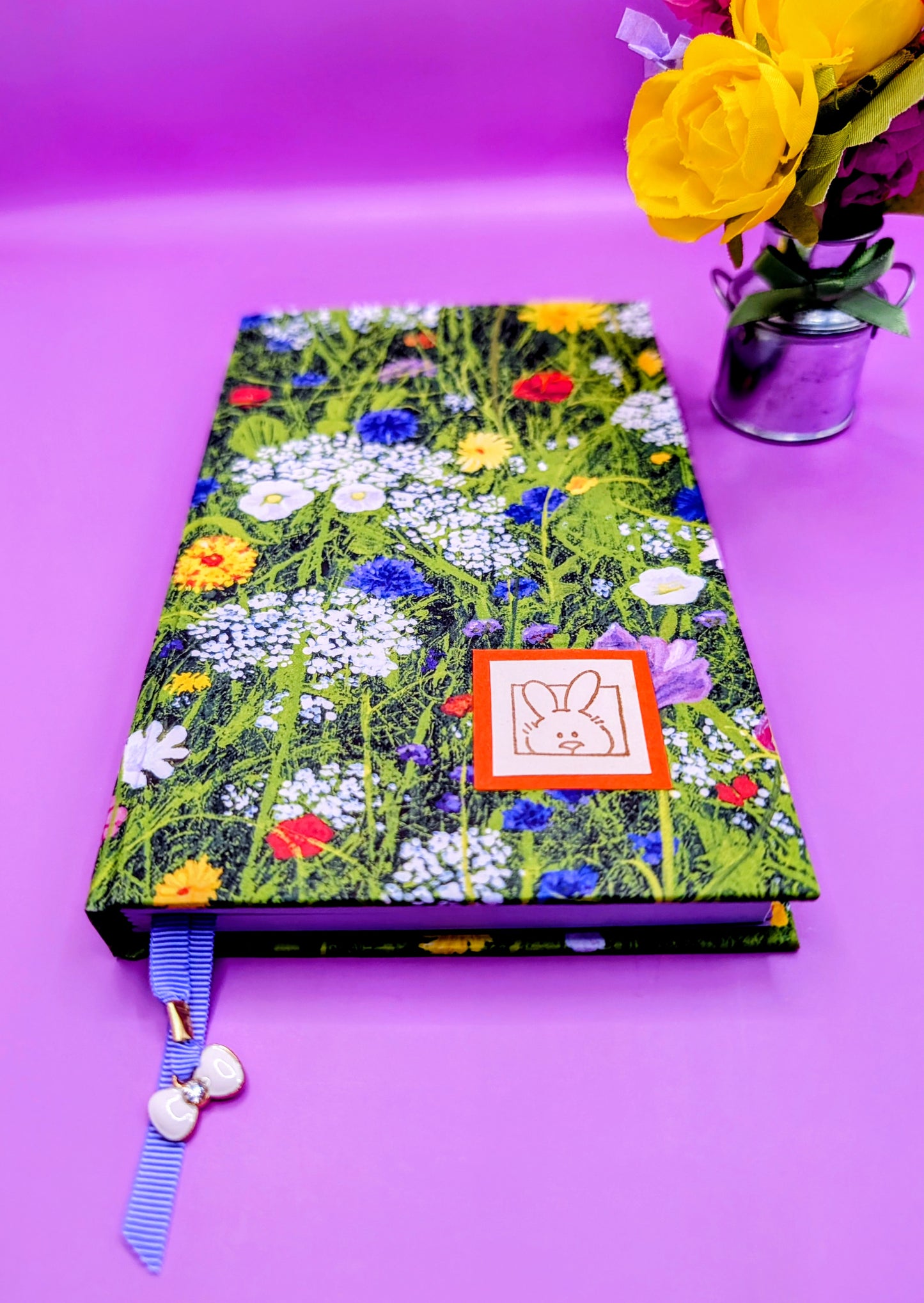 Garden of Flowers pattern with a cute image of a bunny head popping on the front cover- Handmade Hardcover Journal