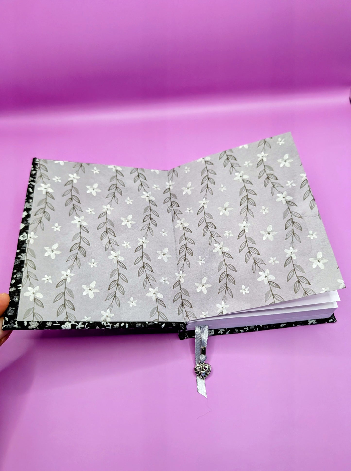 Tiny Black and Gray Flowers on black background with a little bunny head print as embellishment - Handmade Fabric Journal