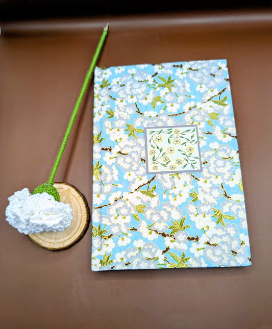 Japanese Blossoms in gray and white on turquoise background - Handmade Hardcover Journal
