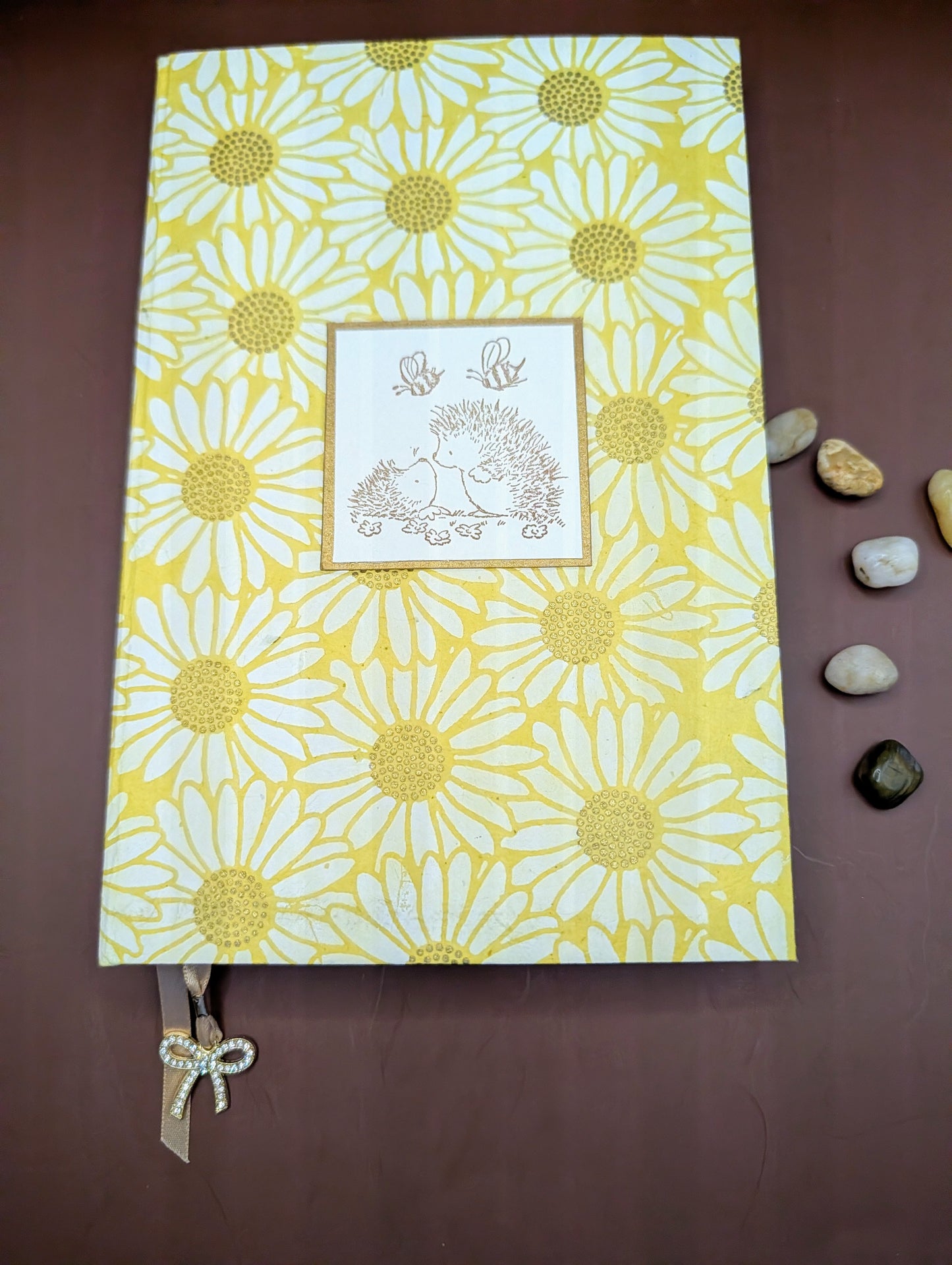 Daisies on Yellow Background with accents in gold - Handmade Hardcover Journal