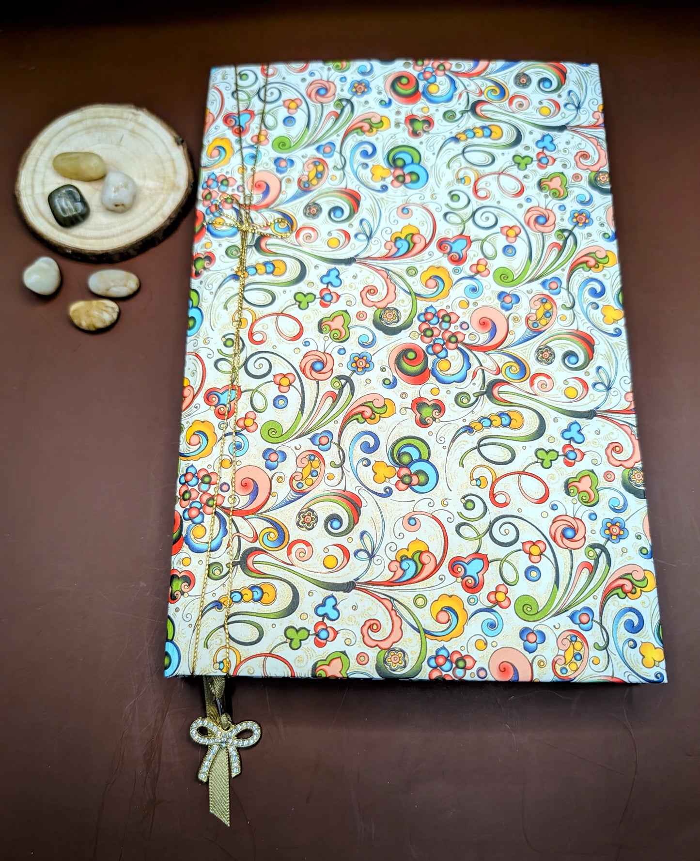 Pink Green Pool Gold Florentine Pattern - Handmade Hardcover Journal