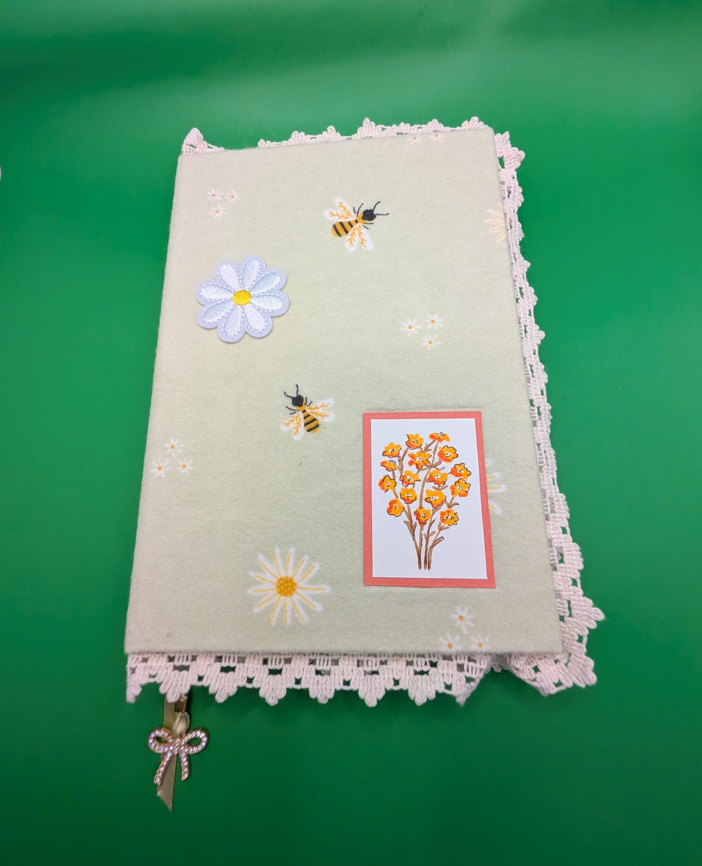 Bees and Daisy Patch on Sage Background and a drawing of flowers - Fabric and Lace Journal