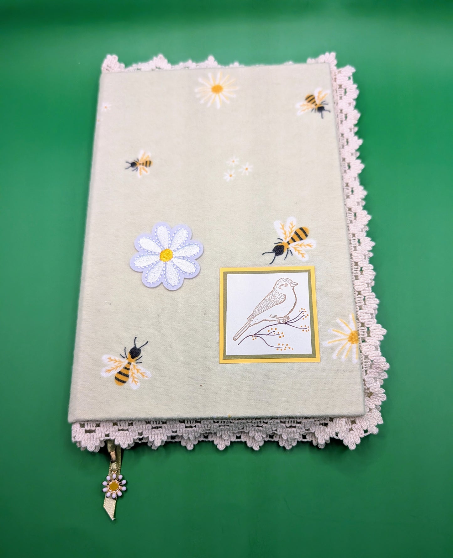 Bees and Daisy Patch on Sage Background and an image of a cute bird - Fabric and Lace Journal
