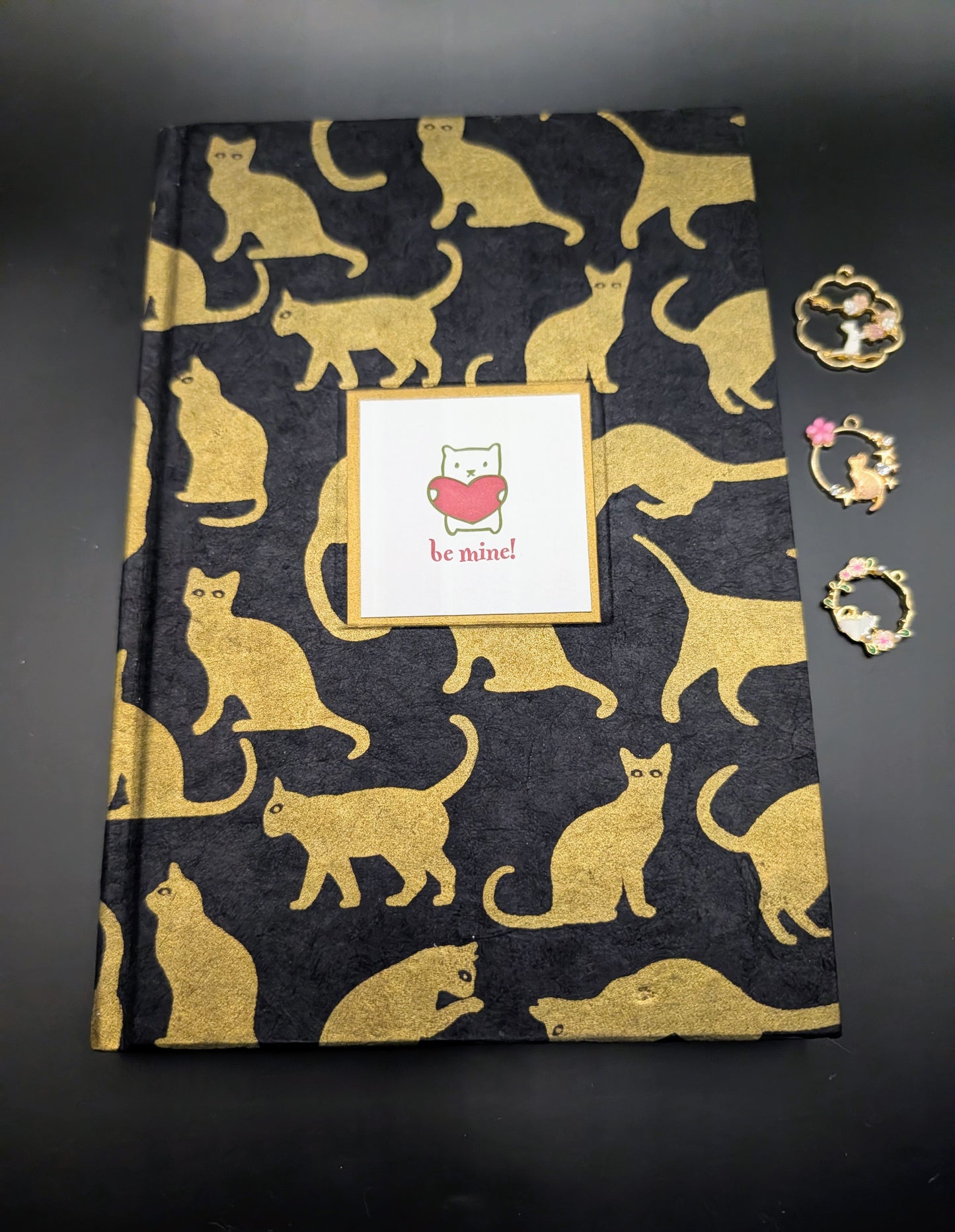 Gold Cats on Black Background - Handmade Hardcover Journal