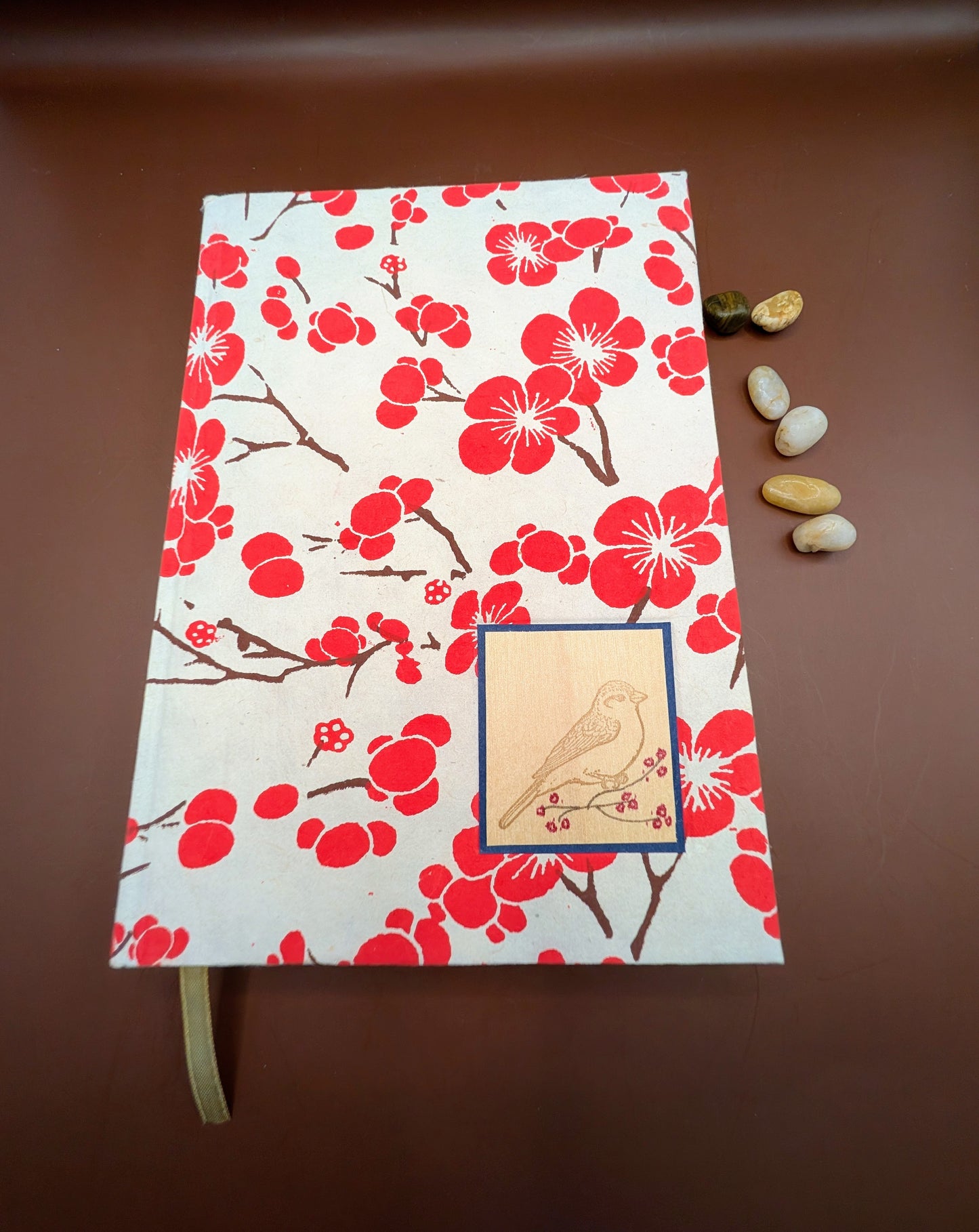 Red Blossoms on Cream Pattern - Handmade Hardcover Journal