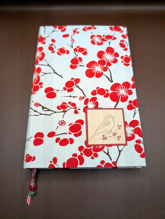 Red Blossoms on Cream Pattern - Handmade Hardcover Journal
