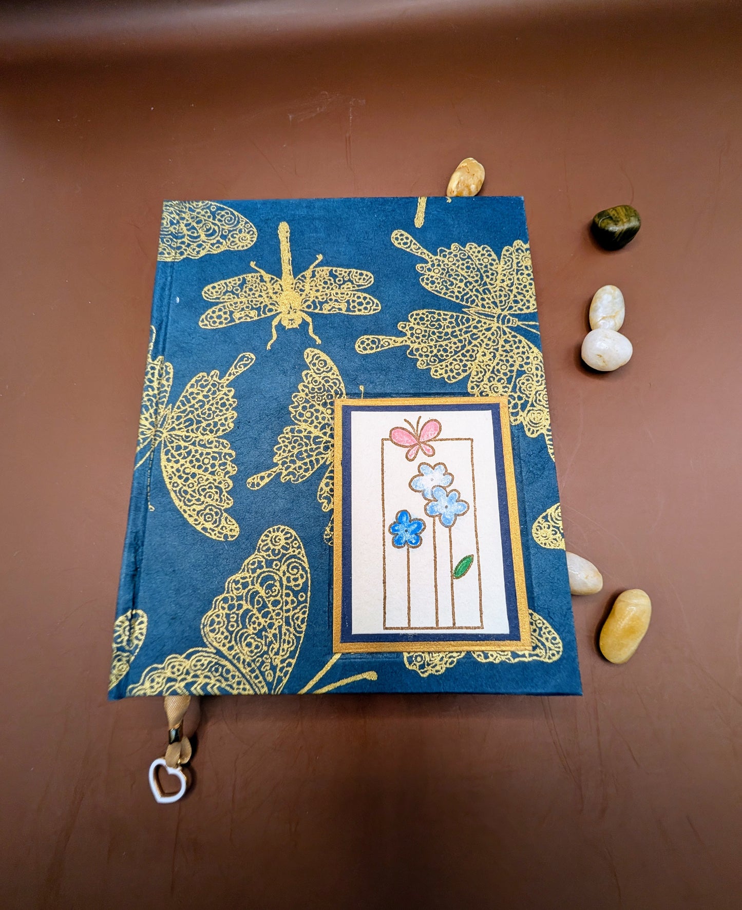 Gold Butterflies and Dragon Fly on teal background - Handmade Hardcover Journal
