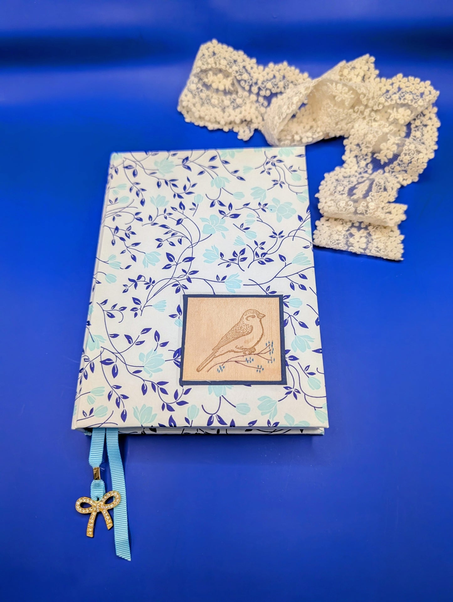 Turquoise Flowers and Blue Leaves - Handmade Hardcover Journal
