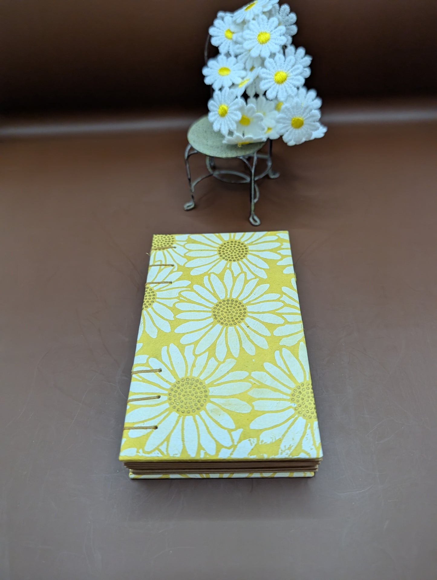 Daisies on Yellow Background with Gold Accented Print - Mini Sketchbook - French Stitch