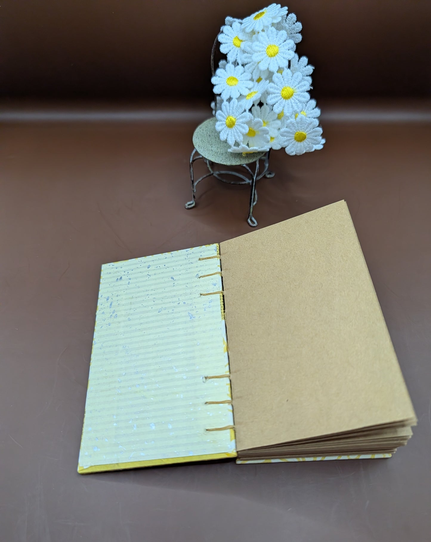 Daisies on Yellow Background with Gold Accented Print - Mini Sketchbook - French Stitch